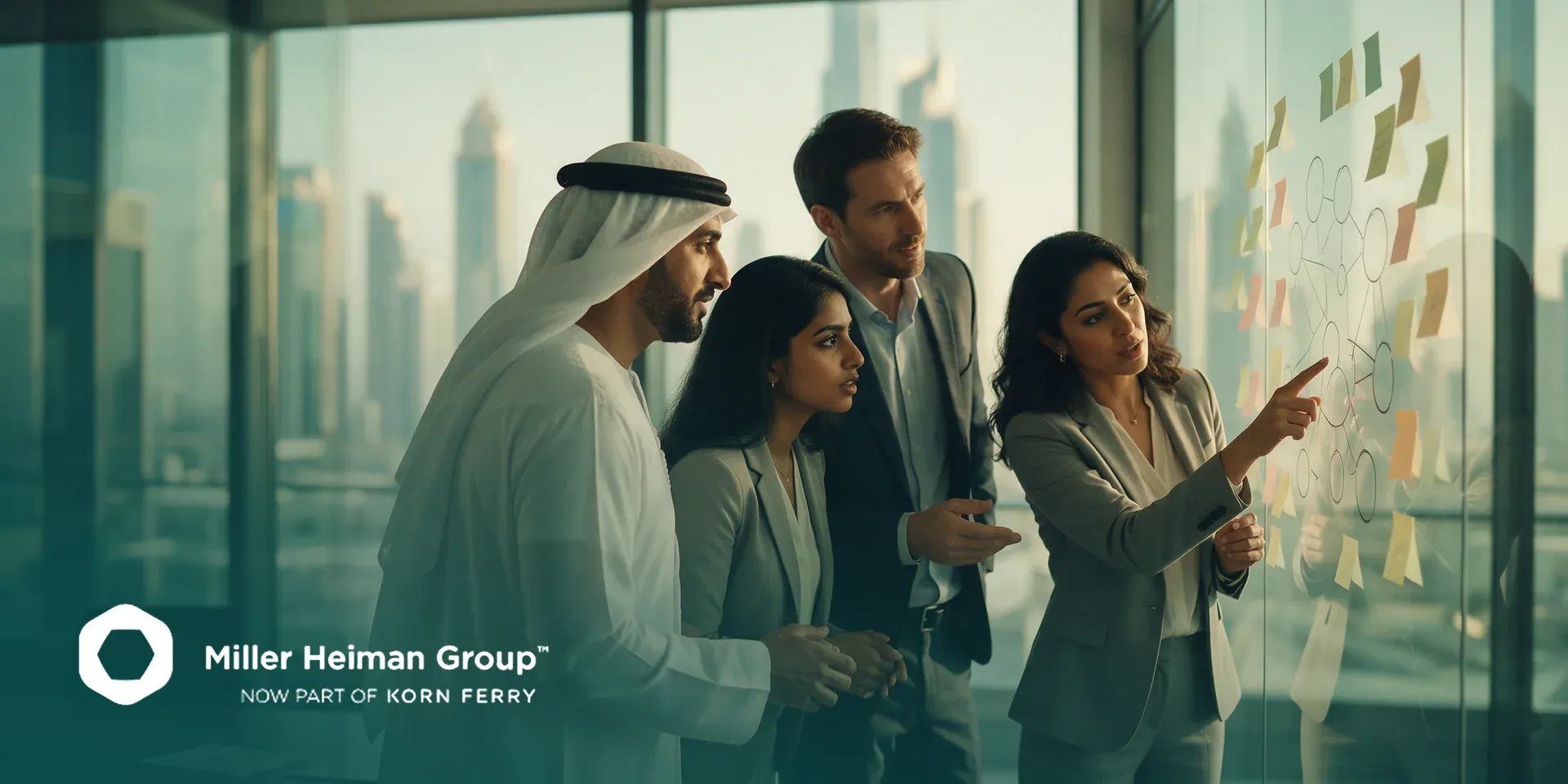 Miller Heiman Group logo over a B2B sales team planning a complex deal