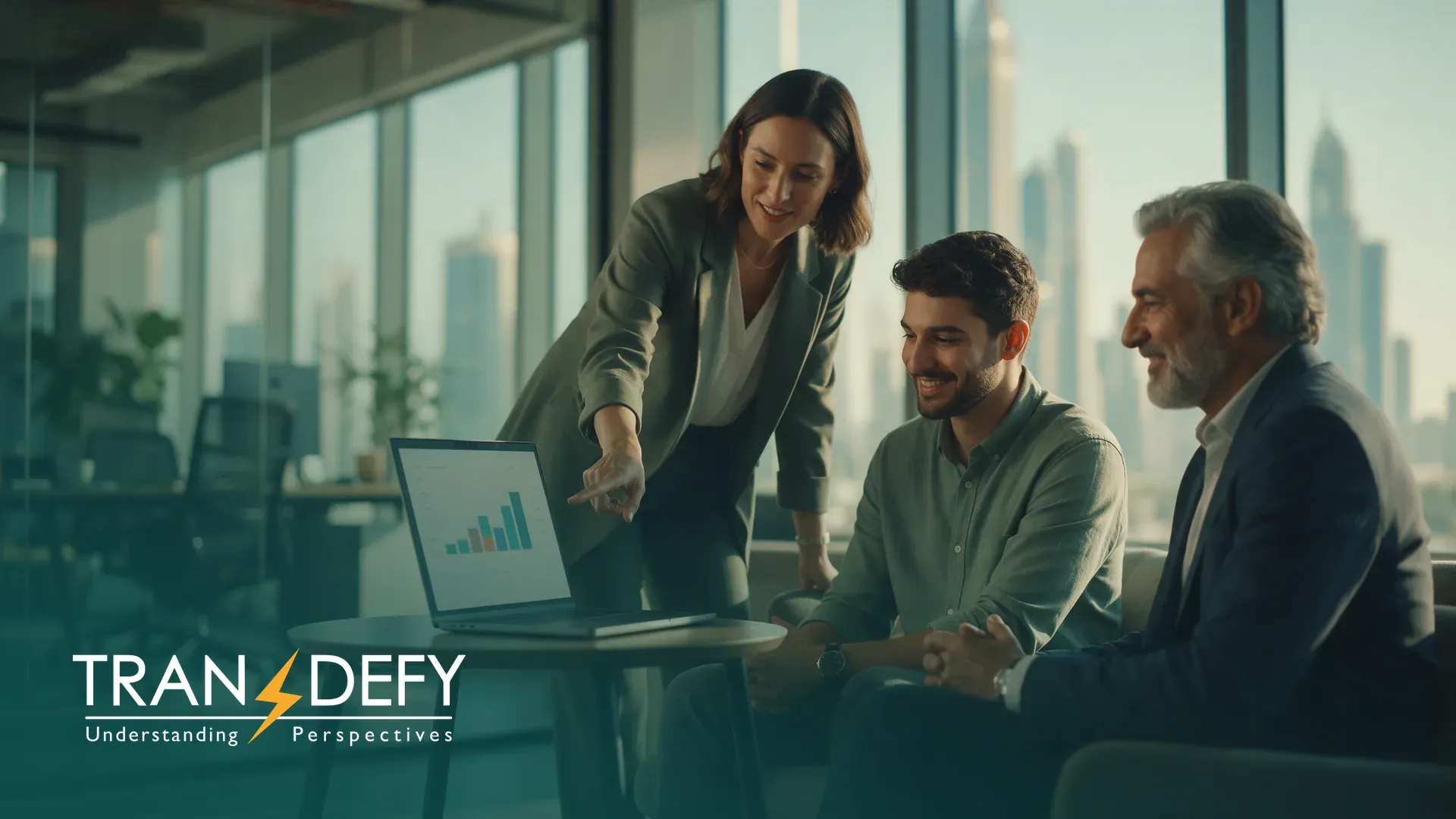 Transdefy logo over a sales leader coaching two members of her team